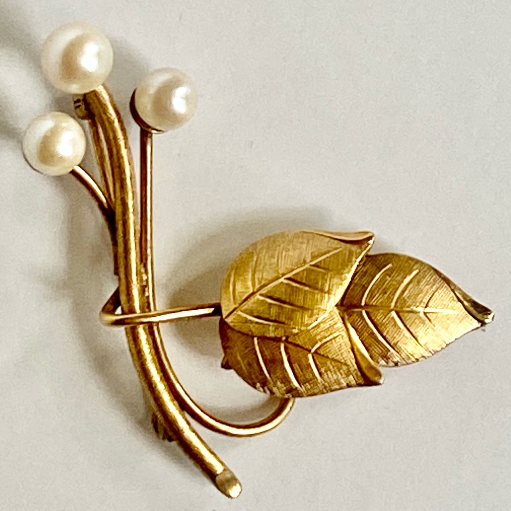 Vintage Winard 12k Gold Filled W/ Pearls Pin Brooch Flower Stem Leaves